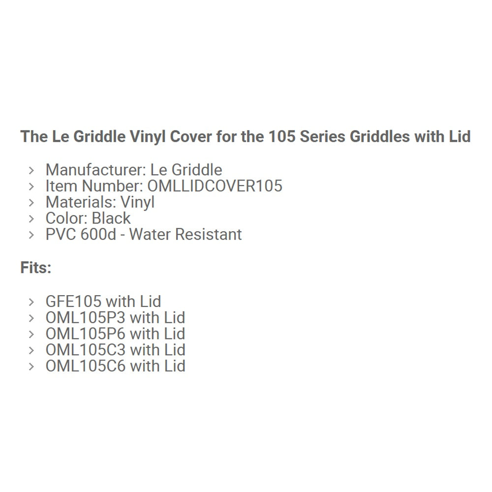 Le Griddle vinyl cover 105 series specs: vinyl, black, water resistant