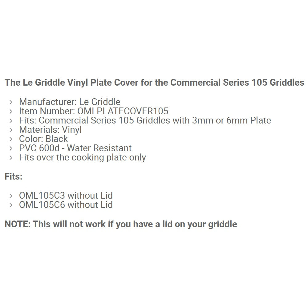 Printed specifications for Le Griddle vinyl plate cover for Commercial Series 105 griddles