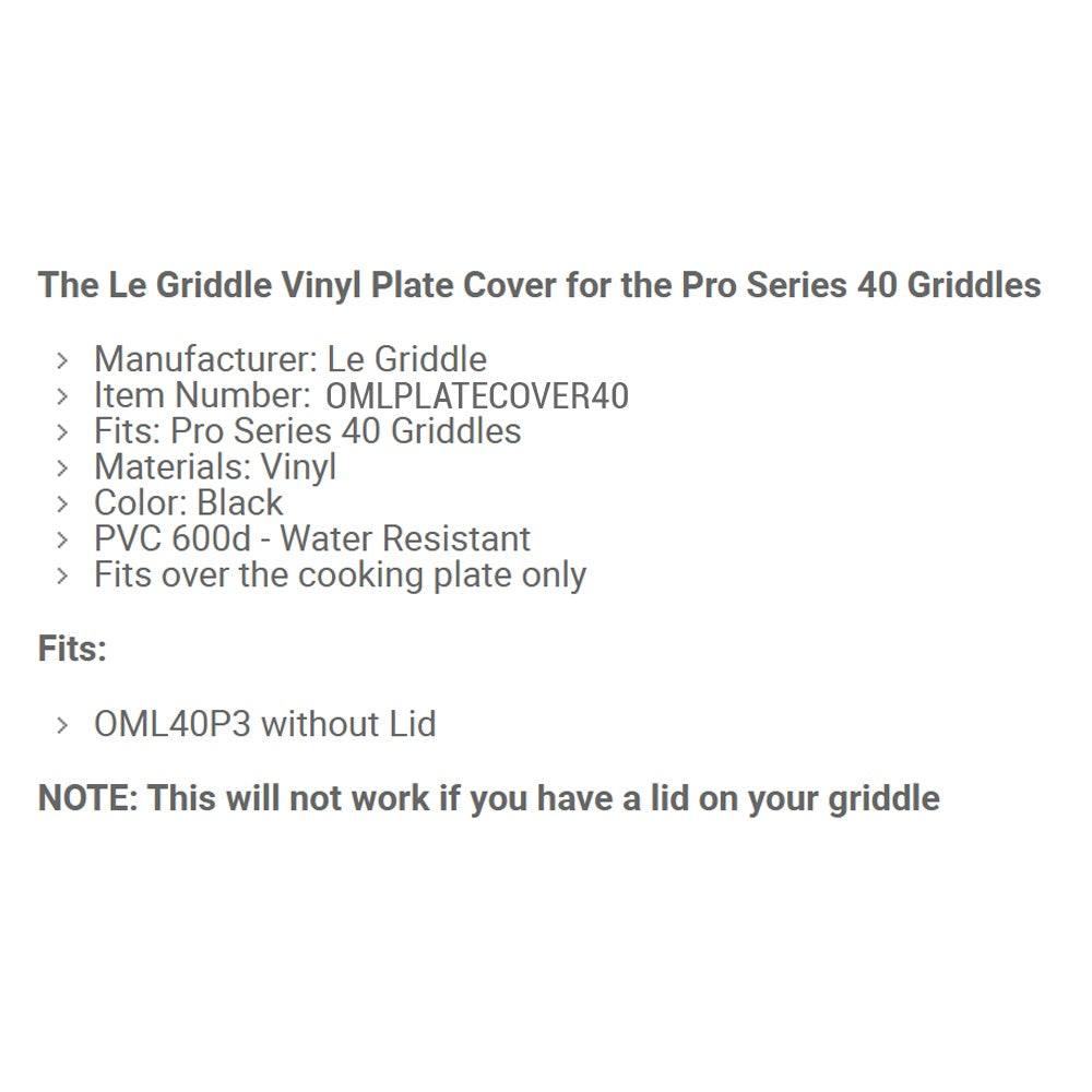 Vinyl plate cover fit and specs text for Le Griddle Pro Series 40 griddles