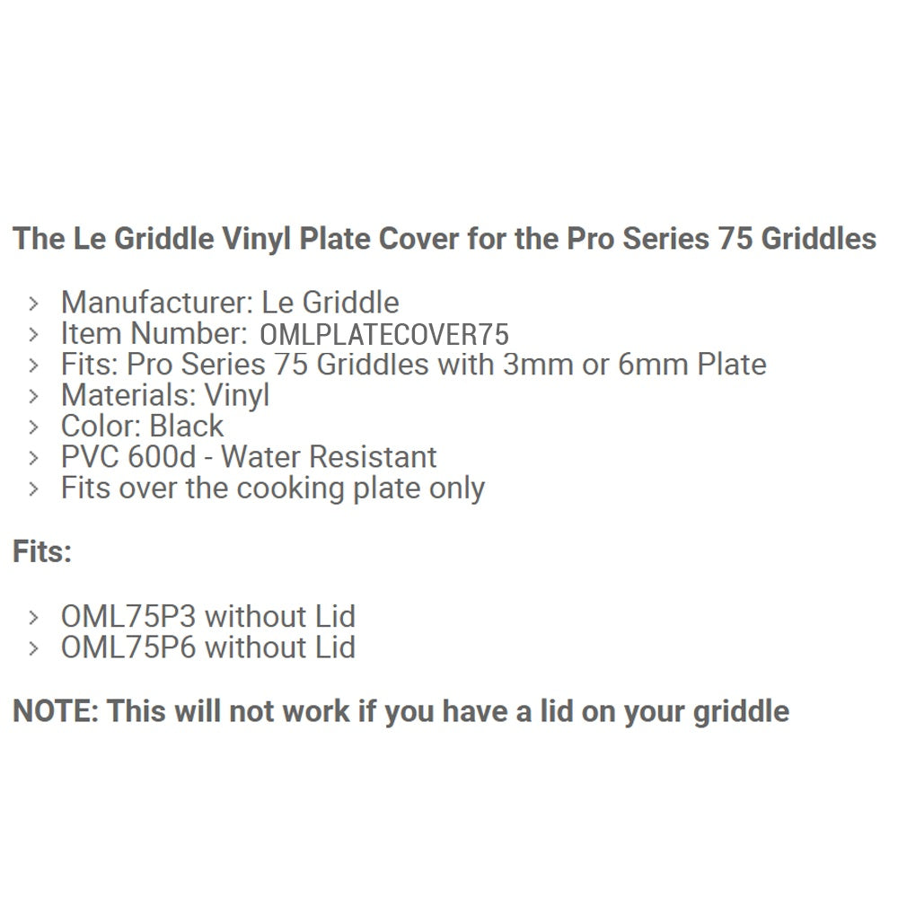 Spec text for Le Griddle vinyl plate cover: black, PVC, water resistant