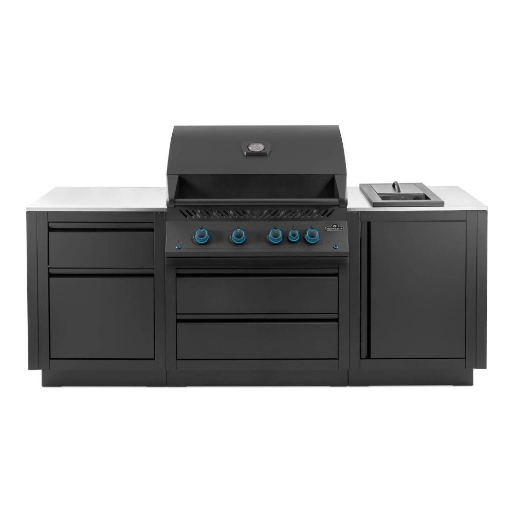 Matte black built-in gas grill in outdoor kitchen with side burner and storage doors