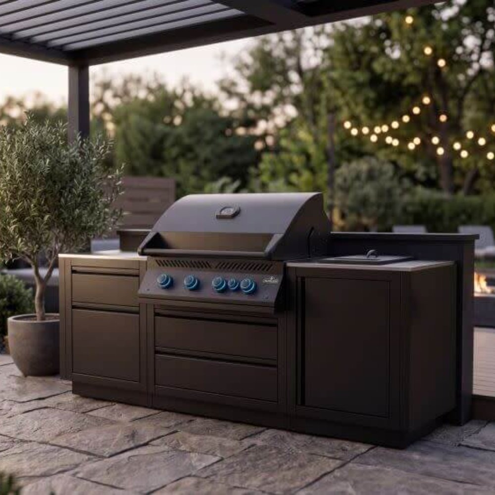 Matte black outdoor kitchen gas grill with side burner, cabinet doors, and control knobs
