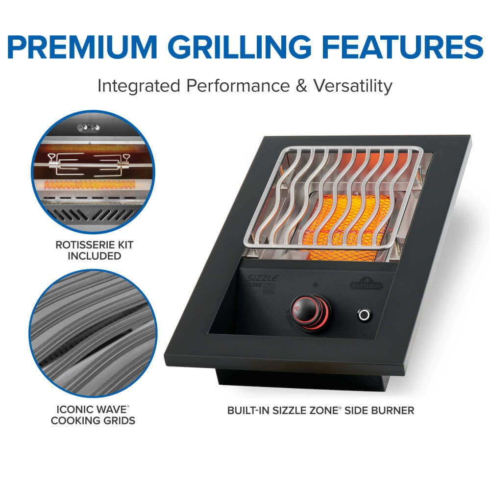 Gas grill feature graphic showing rotisserie kit, wave cooking grids, and built-in burner