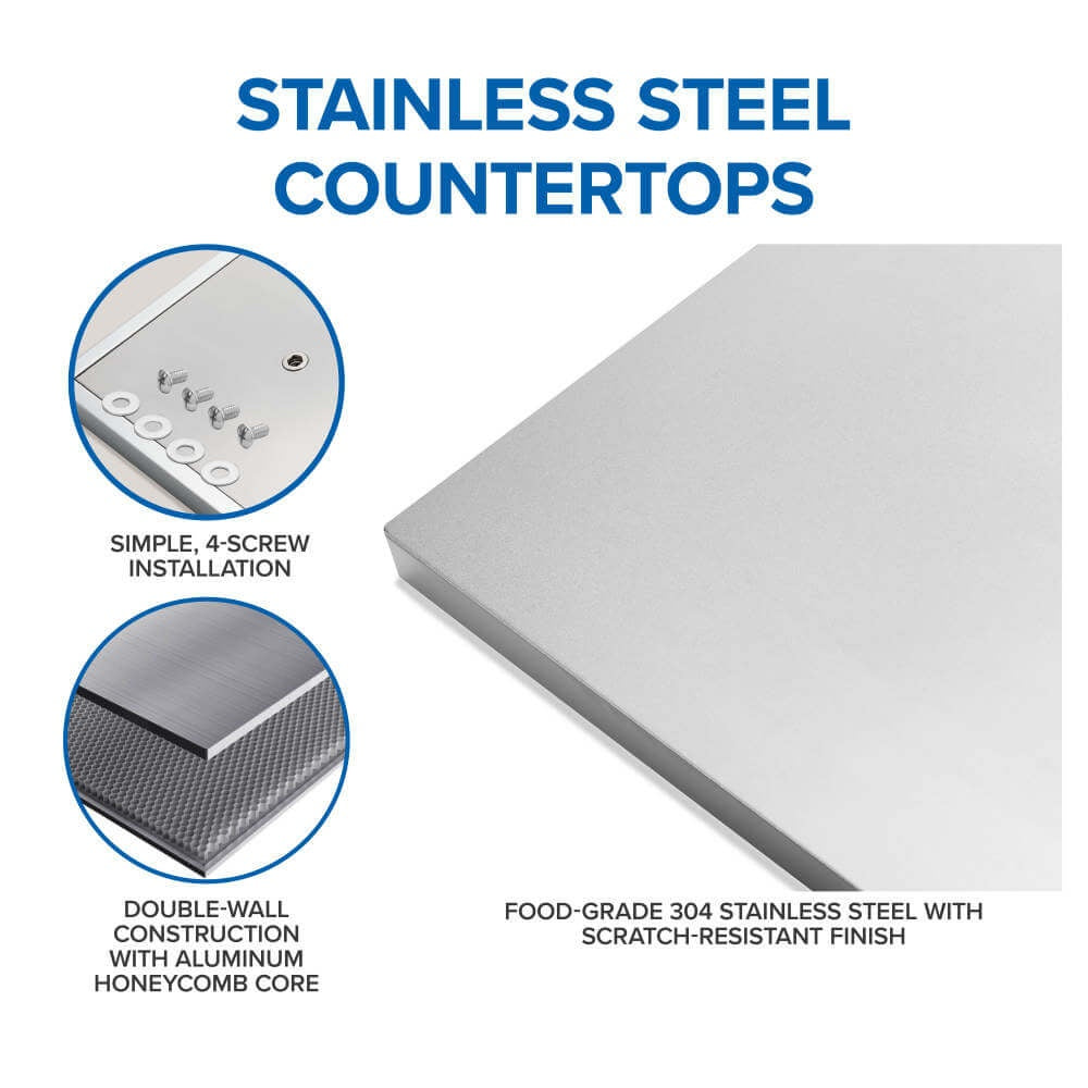 Stainless steel countertop graphic with food-grade 304 steel callout and scratch-resistant finish