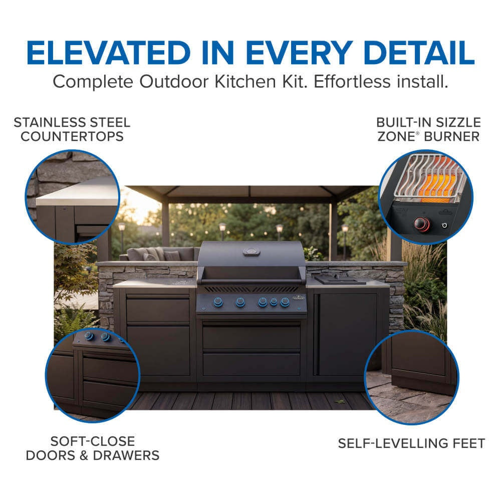 Outdoor kitchen kit graphic highlighting soft-close doors, built-in burner, and self-leveling feet