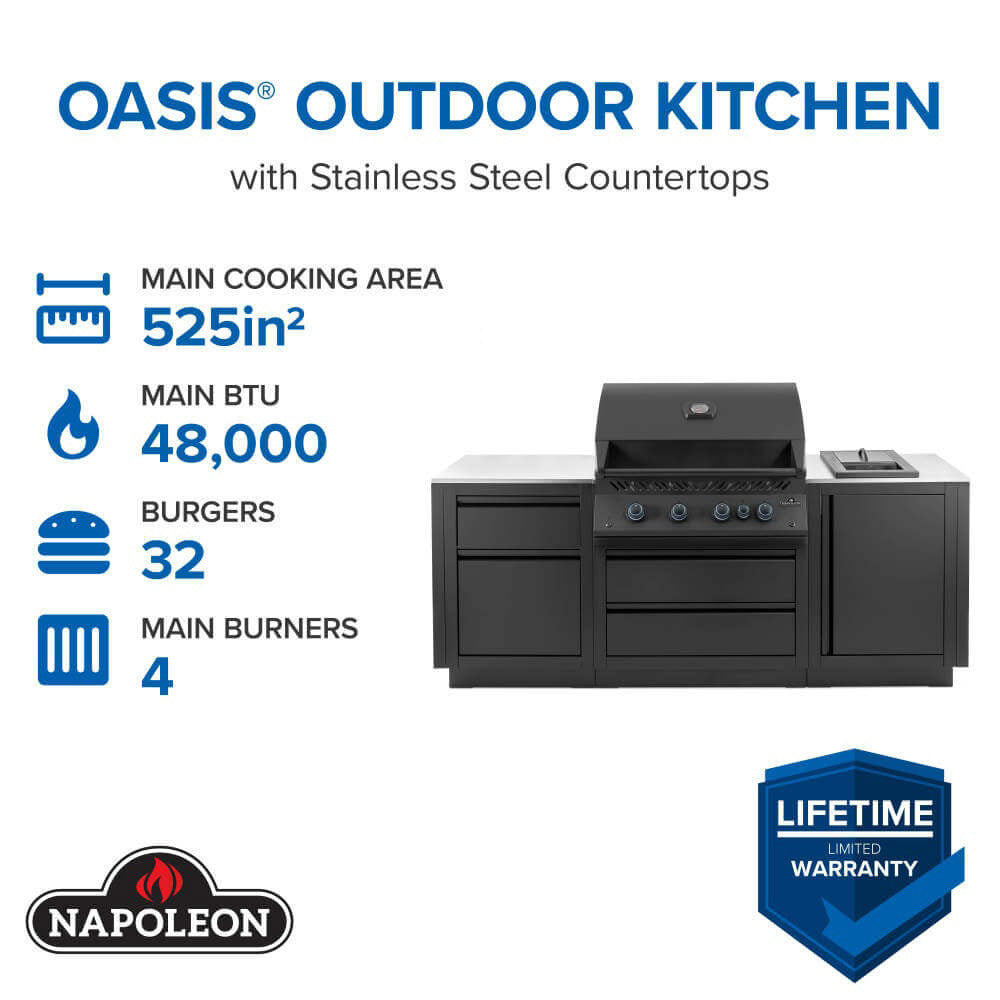 Outdoor kitchen grill infographic with cooking area, BTU rating, and main burner details