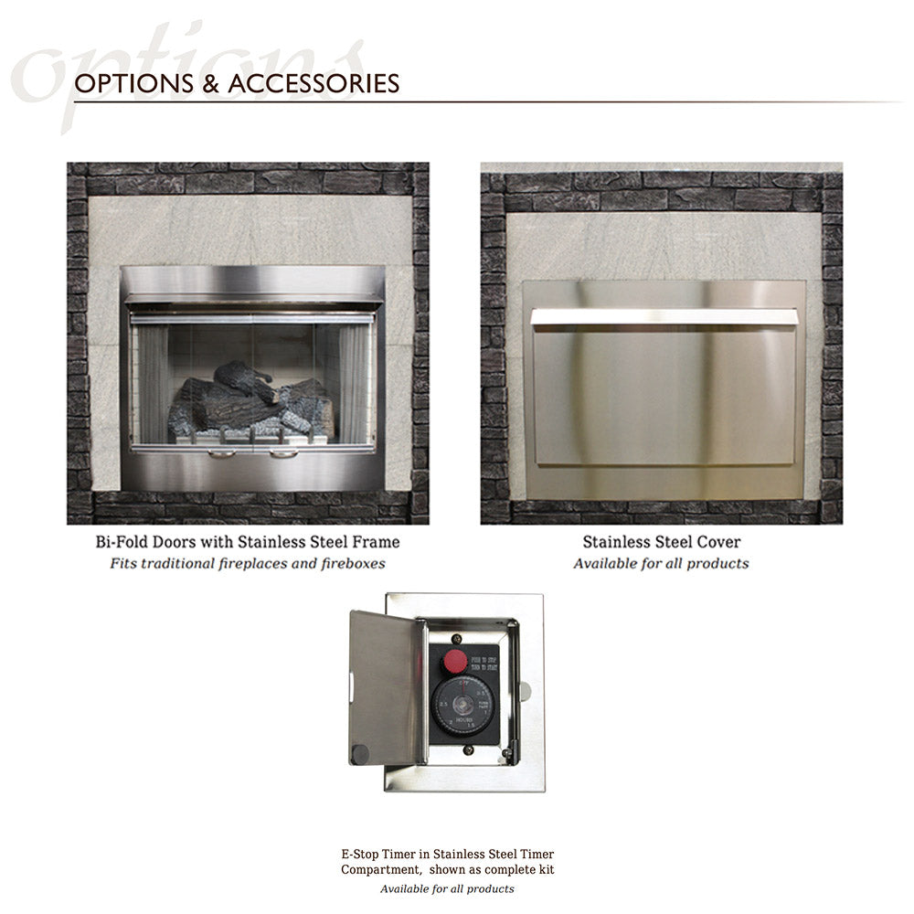 Outdoor fireplace accessories layout with stainless steel doors and timer kit