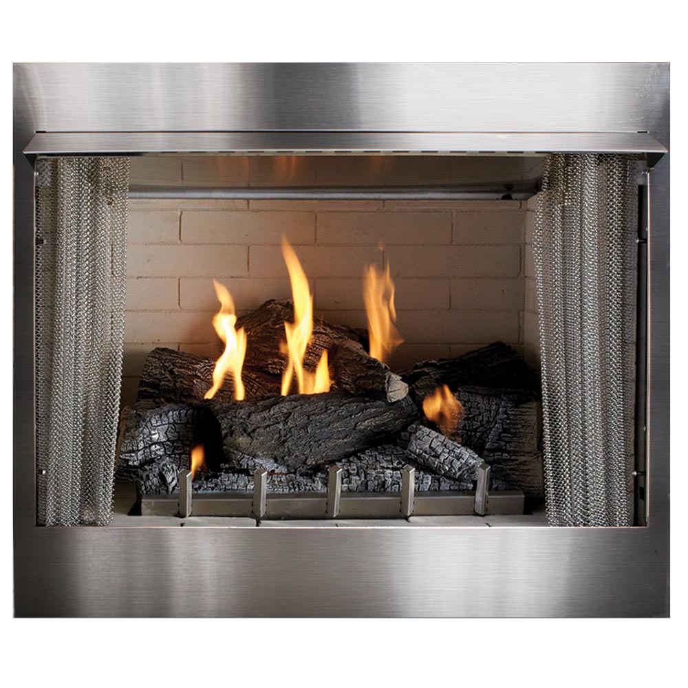 Outdoor gas fireplace with stainless surround, glowing log set and visible flames