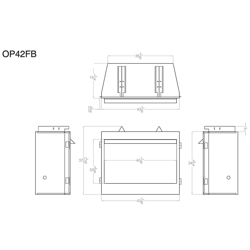 Outdoor firebox dimension diagram with front, top, and side views