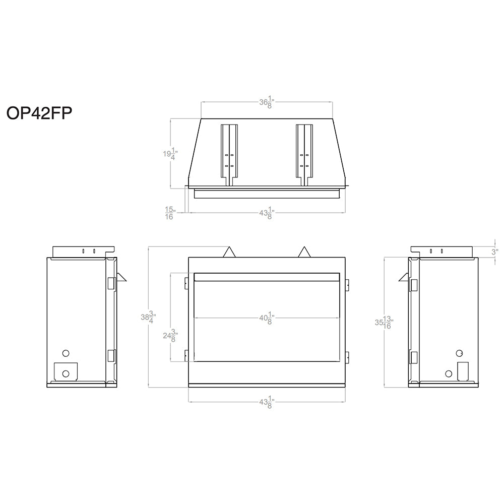 Outdoor gas fireplace OP42FP dimensions line drawing with front and side views