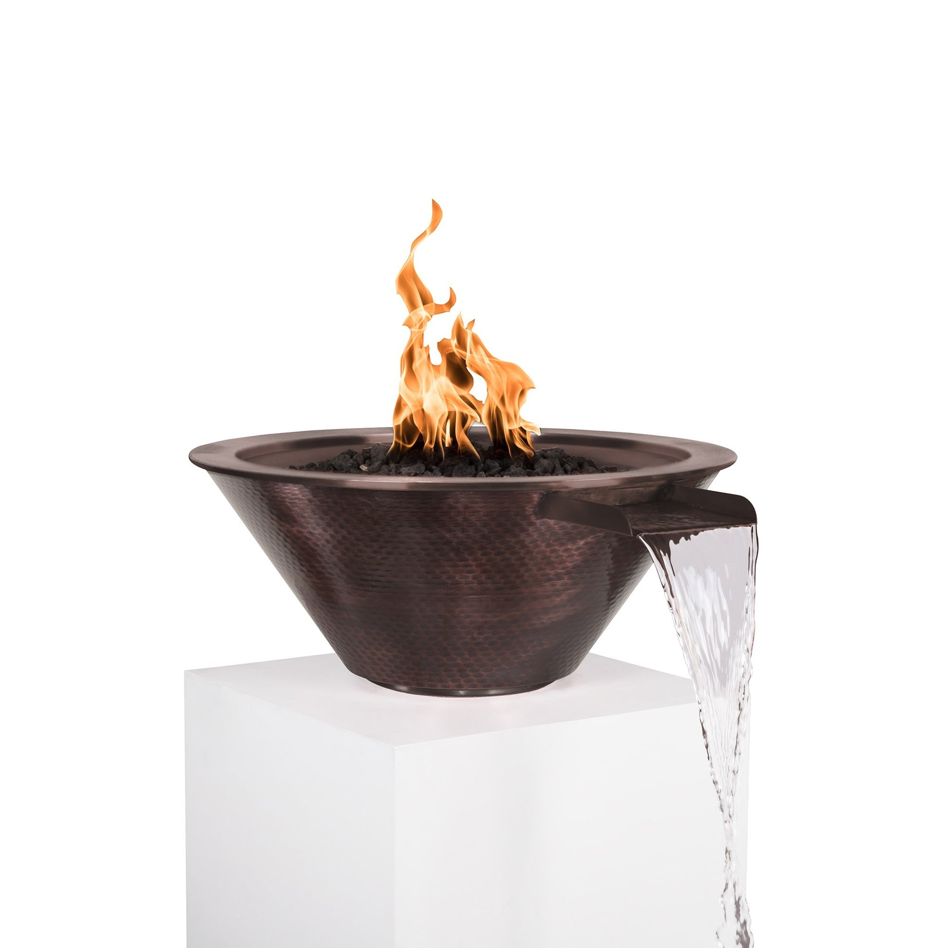 Round copper gas fire bowl with tall flames and water flowing from the side
