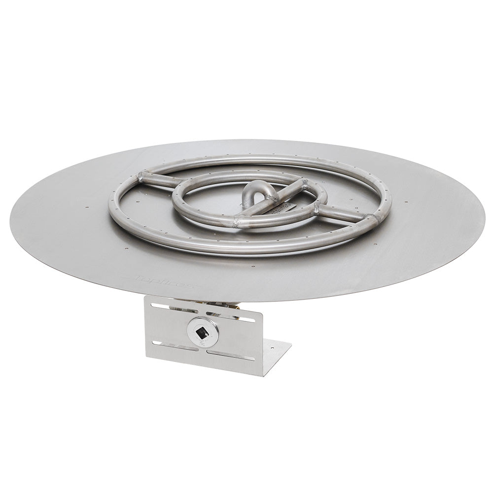 Round gas fire pit burner pan with coiled gas tubing and control valve plate