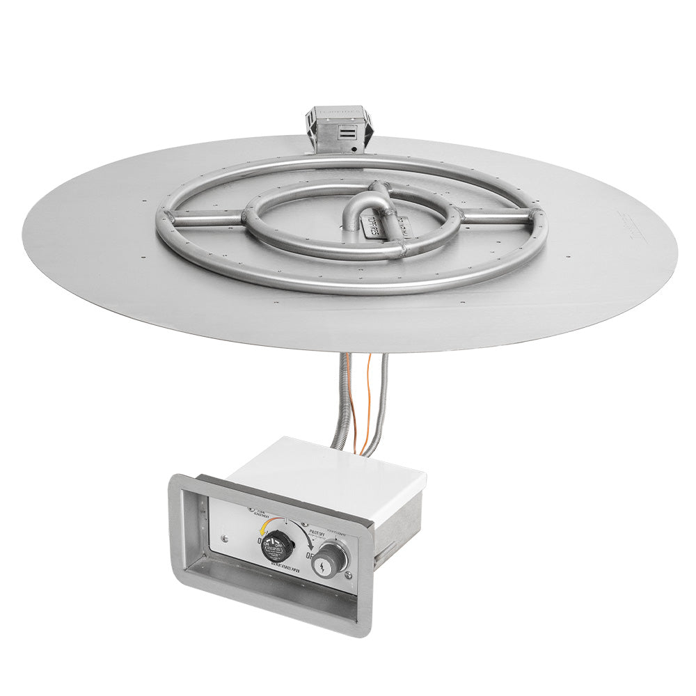 Round stainless burner pan with spark igniter and exposed gas line connectors control module