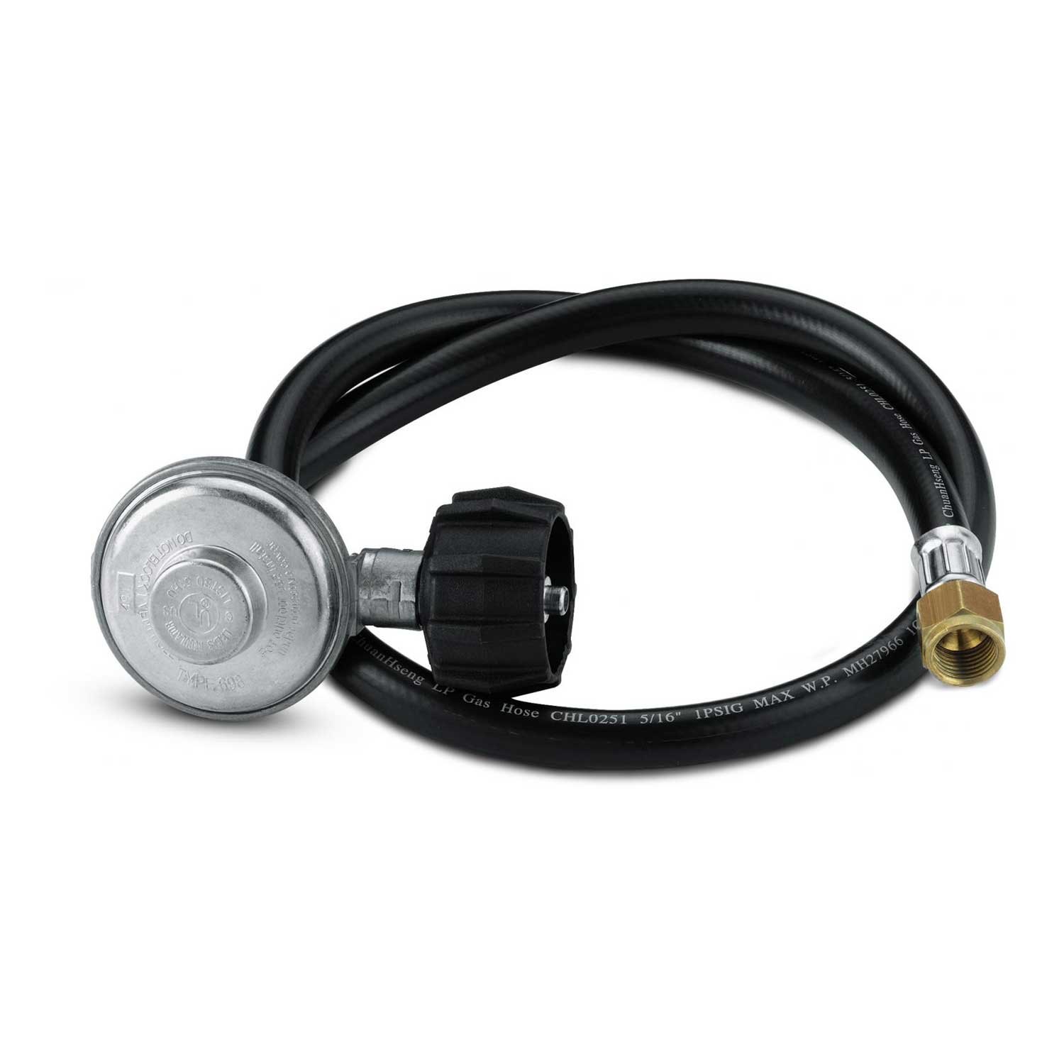 Propane gas hose and regulator set with black hose and brass threaded fitting