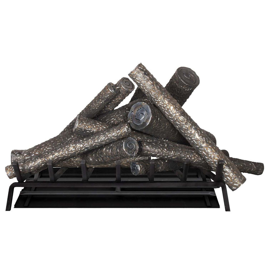 Steel fireplace log and tray with black grate and faux wood logs