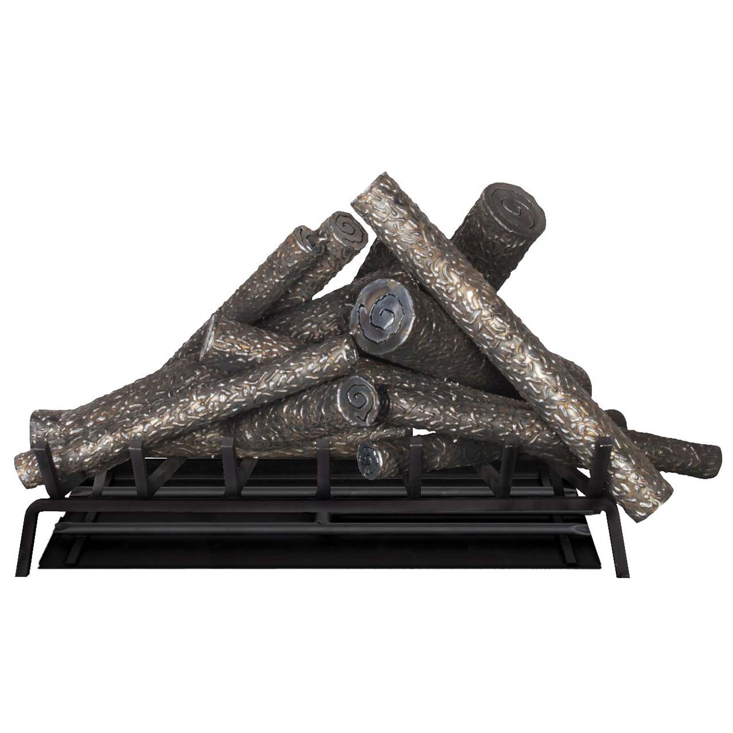 Steel fireplace log and tray with black grate and faux wood logs