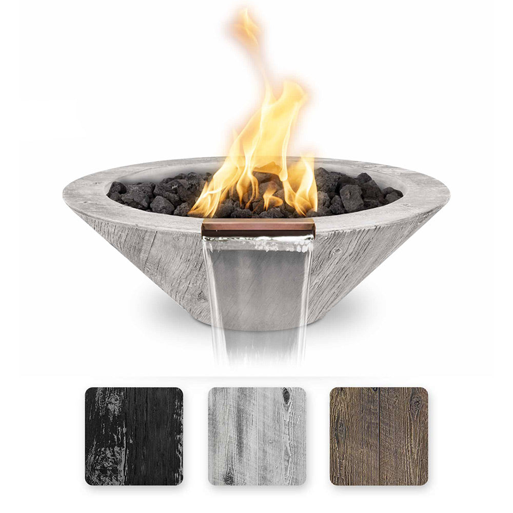 Round wood-grain concrete gas fire bowl with flames and black lava rocks