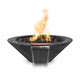 Round wood-grain concrete gas fire bowl with flames and black lava rocks, ebony
