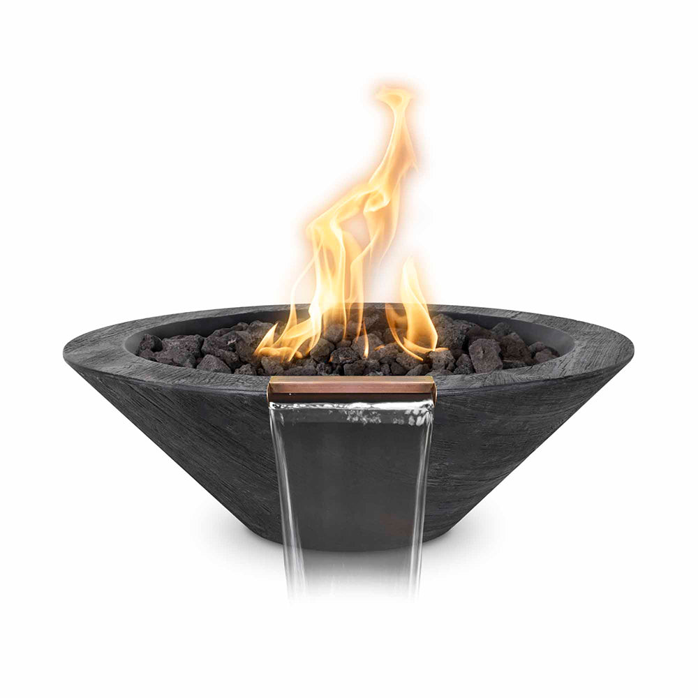Round dark wood-grain concrete fire bowl with burning flames over black lava rocks