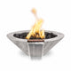 Round wood-grain concrete gas fire bowl with flames and black lava rocks