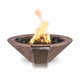 Round wood-grain concrete gas fire bowl with flames and black lava rocks, dark oak