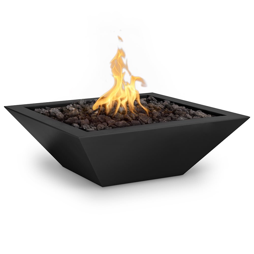 Black square gas fire bowl with flames rising from lava rock bed