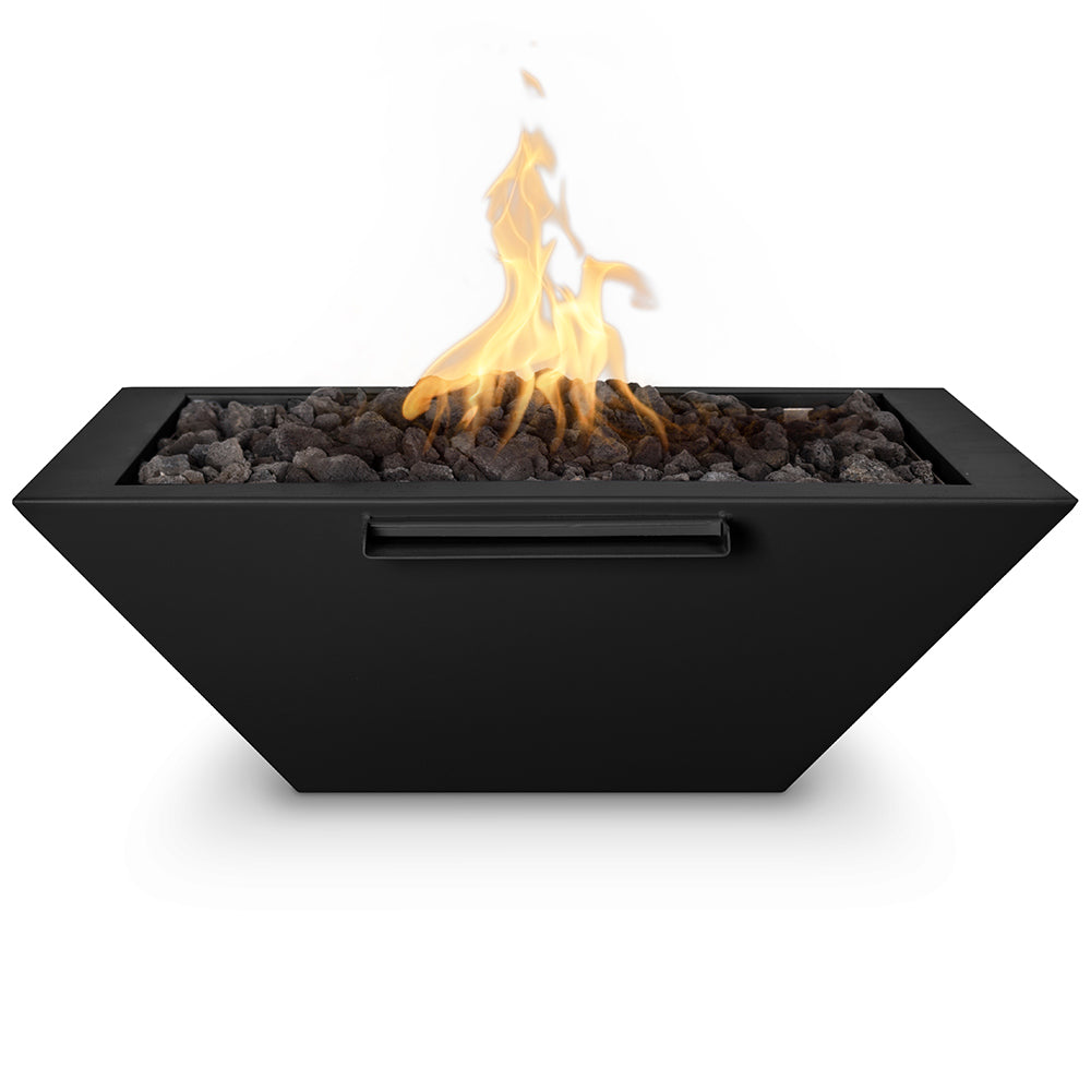Square gas fire bowl with flames and dark rocks, black powder coat