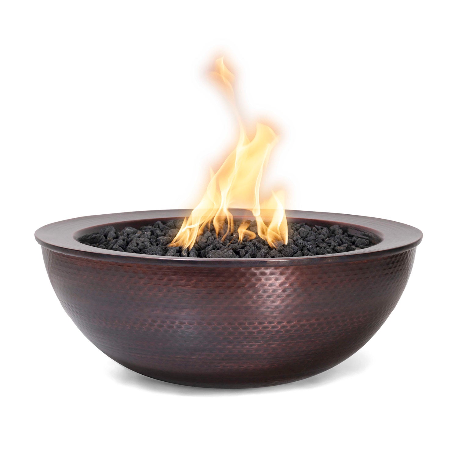 Round dark copper gas fire bowl with flames above black lava rocks