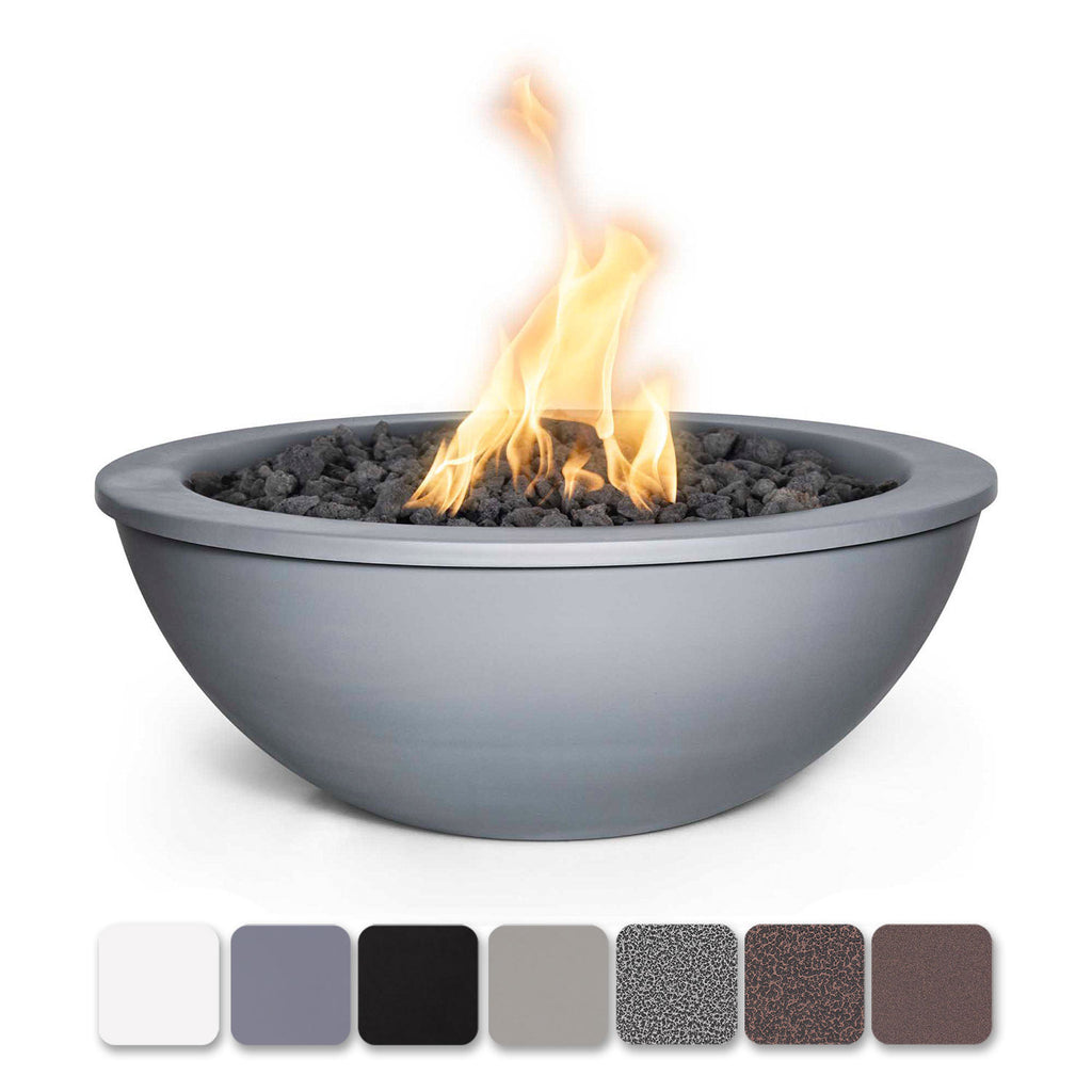 Round powder-coated steel gas fire bowl with flame and firebox opening, medium gray