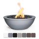 Round steel gas fire bowl in gray powder coat, with visible flame and burner rocks