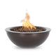 Round steel gas fire bowl in dark speckled powder coat, with flame over burner rocks