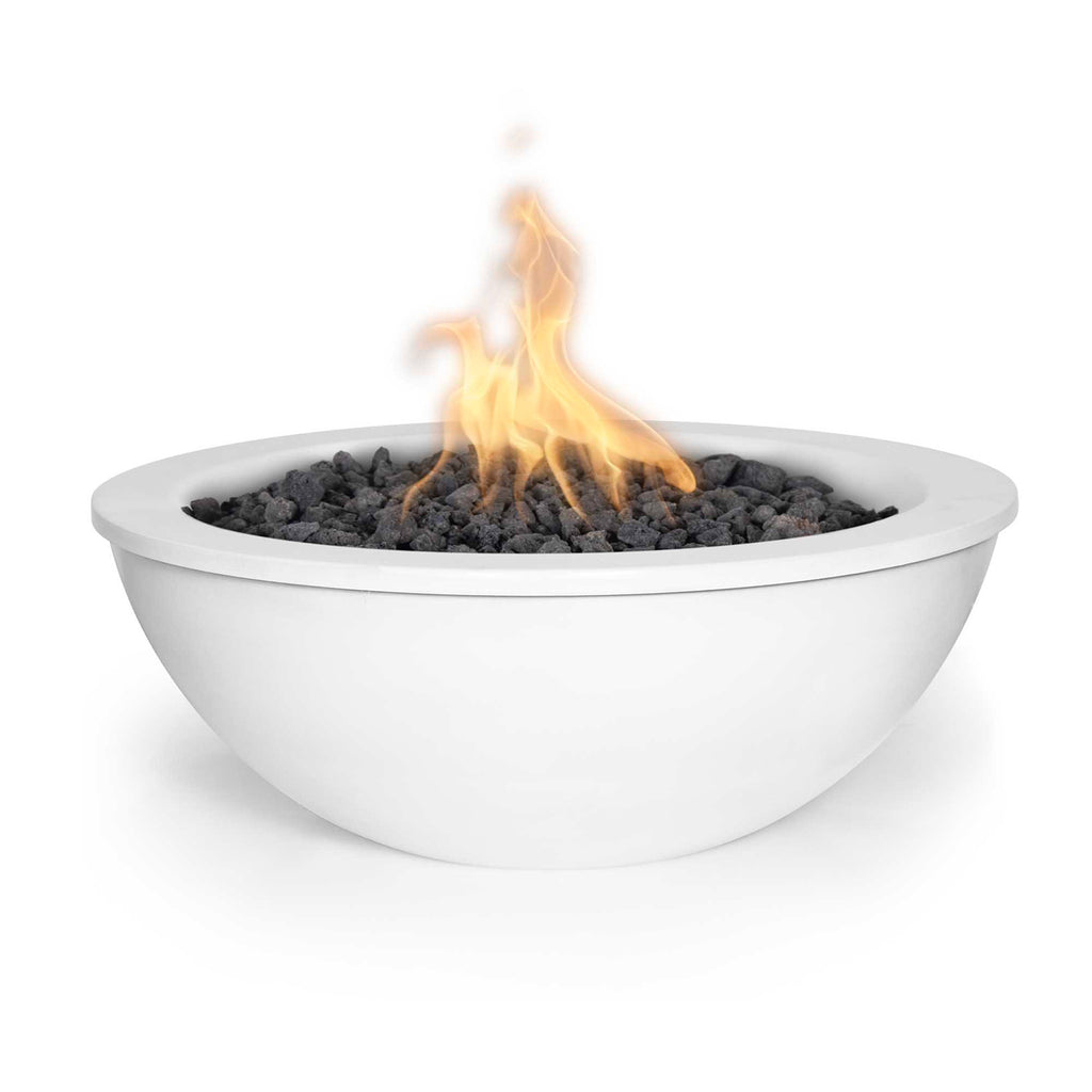 Round steel gas fire bowl in white powder coat, with visible flame over burner rocks