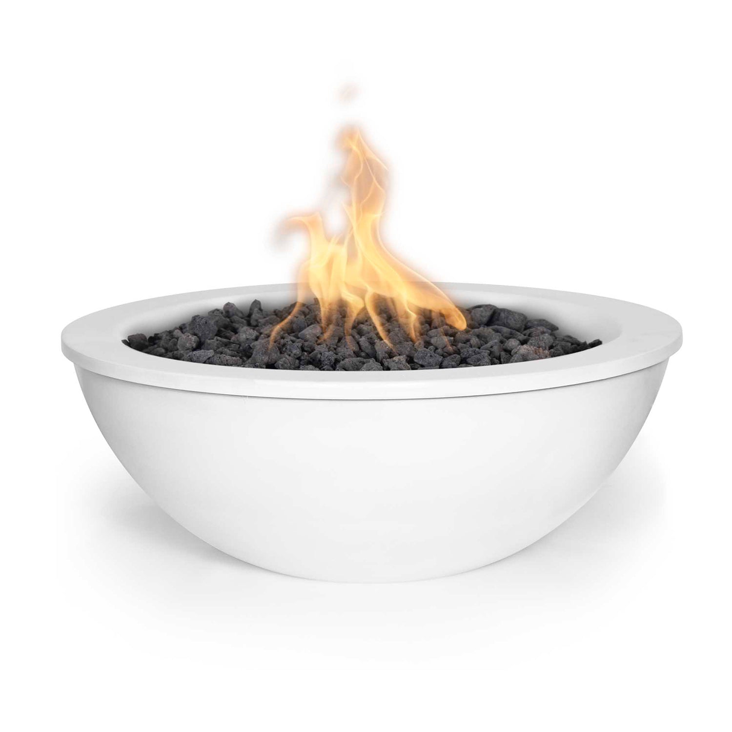 Round steel gas fire bowl in white powder coat, with visible flame over burner rocks