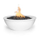 Round steel gas fire bowl in white powder coat, with visible flame over burner rocks