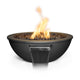 Round powder-coated steel gas fire bowl with flame and clear firebox panel, black