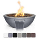 Round powder-coated steel gas fire bowl with flame and metal firebox panel, dark gray