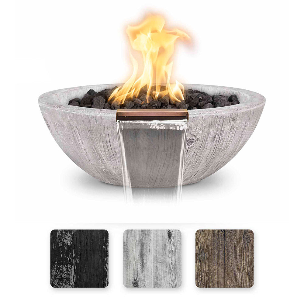 Round concrete gas fire bowl with dark wood-grain finish, burning flames