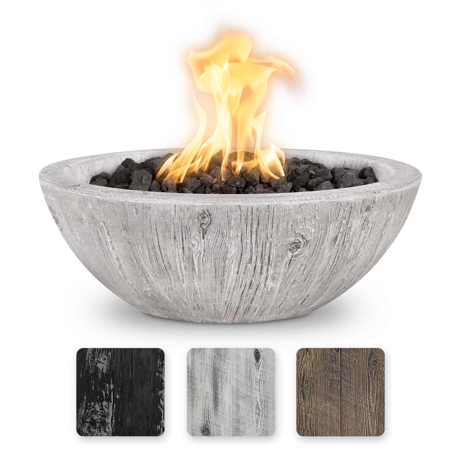 Round wood-grain concrete gas fire bowl with flames and dark lava rocks