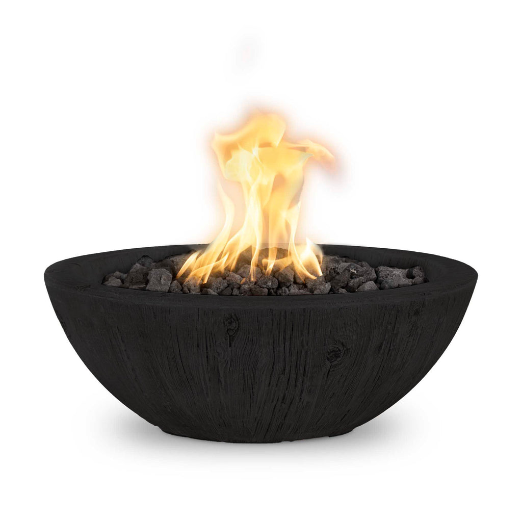 Round wood-grain concrete gas fire bowl with flames and dark lava rocks, dark finish