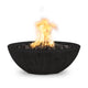 Round wood-grain concrete gas fire bowl with flames and dark lava rocks, dark finish