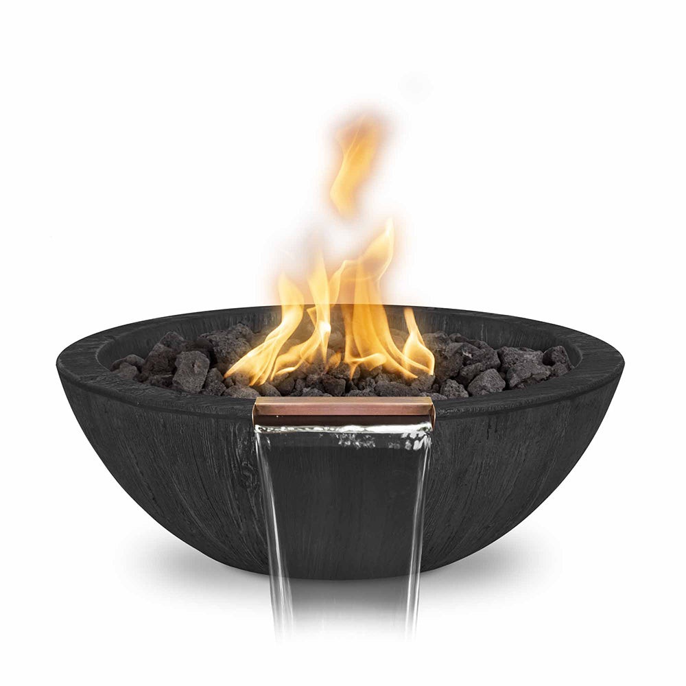 Round concrete gas fire bowl with dark wood-grain finish, burning flames