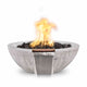 Round concrete gas fire bowl with light wood-grain finish, burning flames