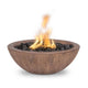 Round wood-grain concrete gas fire bowl with flames and dark lava rocks, wood-brown finish