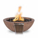 Round concrete gas fire bowl with oak wood-grain finish, burning flames