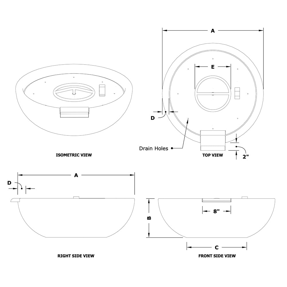 Round gas fire bowl technical diagram with top and side dimensions