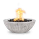 Round wood-grain concrete gas fire bowl with flames and dark lava rocks, light gray