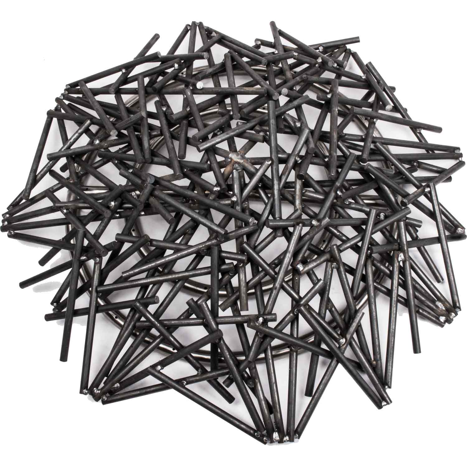 Bird's nest burner with dark steel rod grid in a clustered nest shape