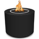 Round gas fire pit with black powder-coated steel body and burning firebed