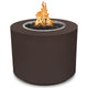 Round gas fire pit with brown textured powder-coated steel body and orange flames