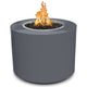 36-inch round gas fire pit with dark gray powder-coated steel body and flame in the center bowl